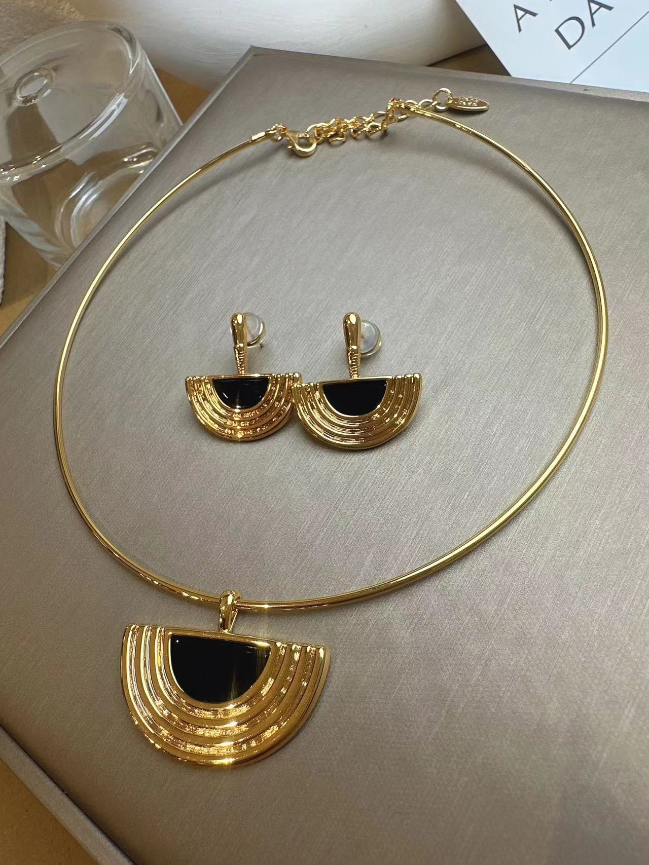 Gold Circle and Black Necklace and Earrings Set