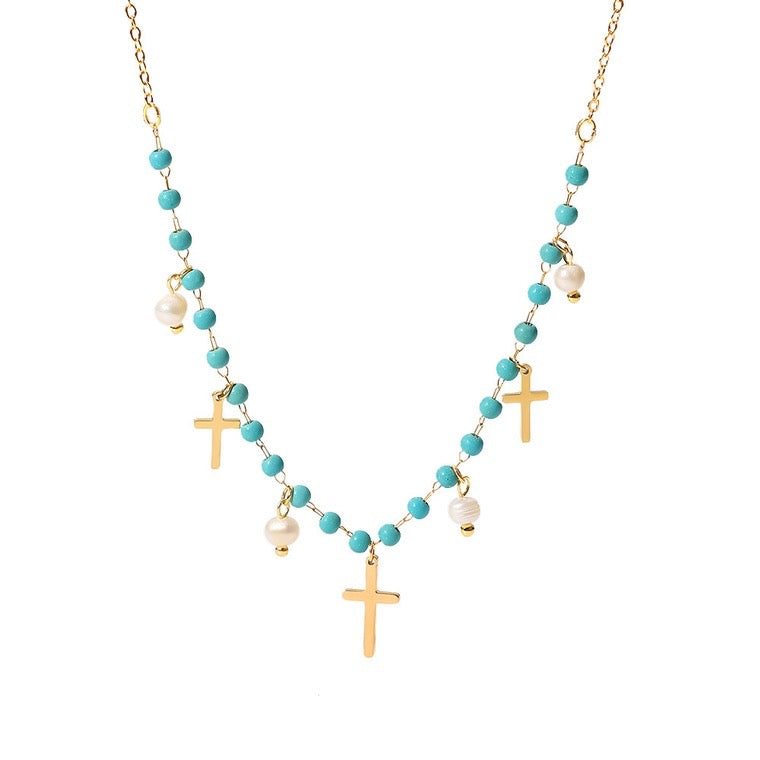 Gold Stainless Steel Cross Pearl Necklace