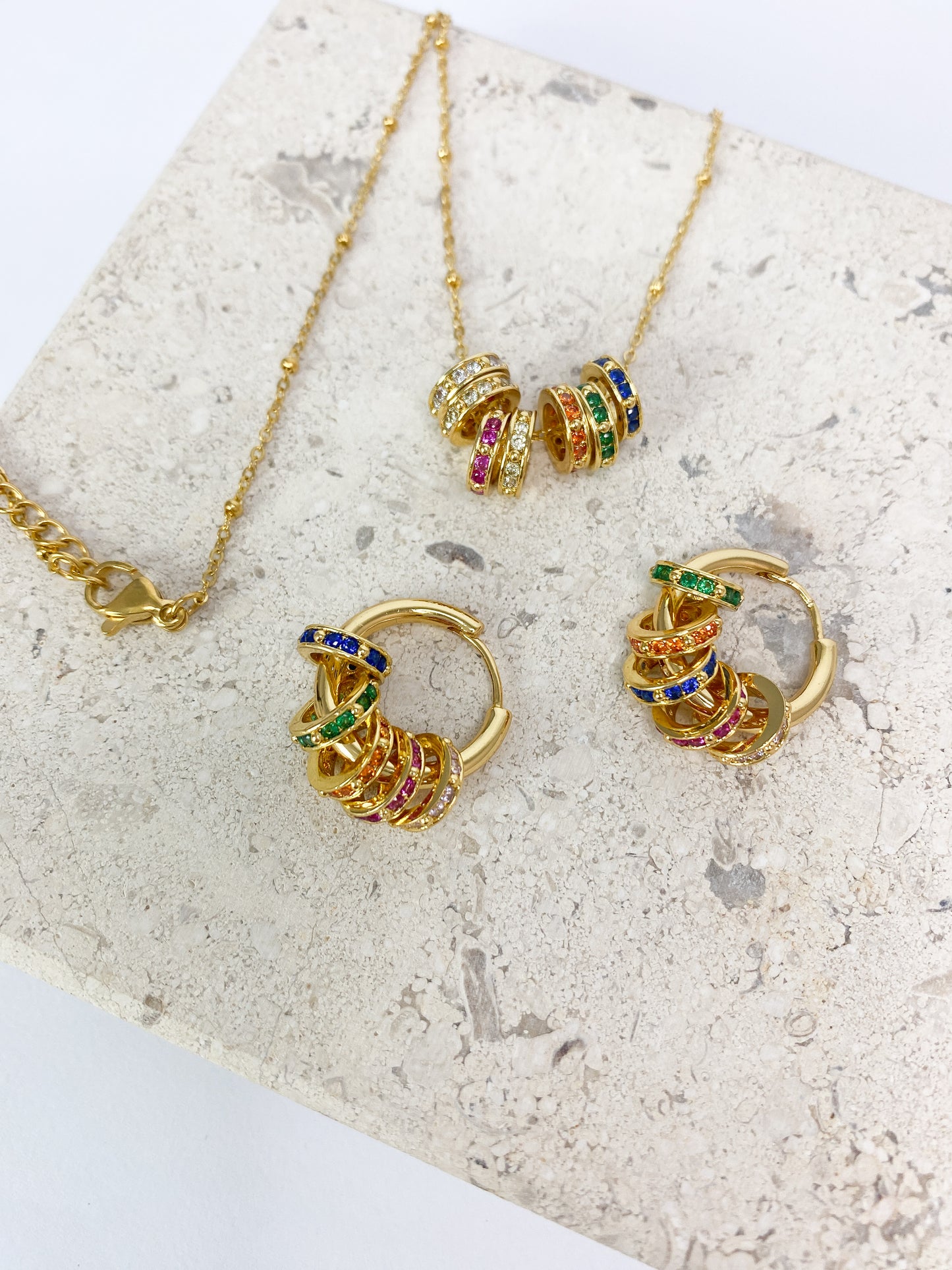 Gold Rainbow Rhinestone Necklace and Earrings Set
