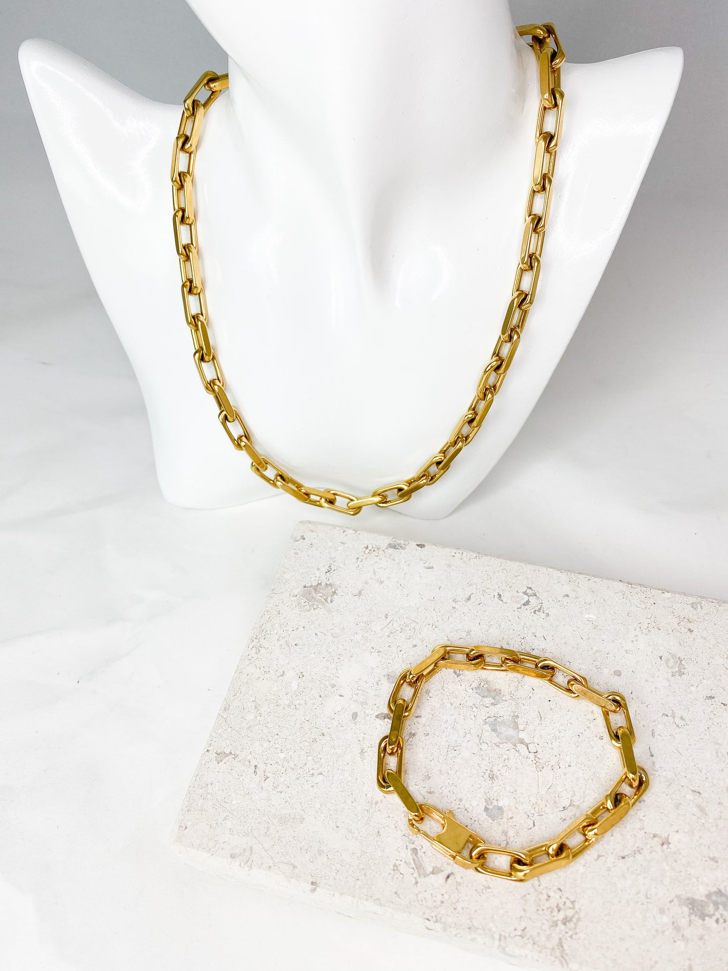Stainless Steel Gold Chain Necklace and Bracelet Set