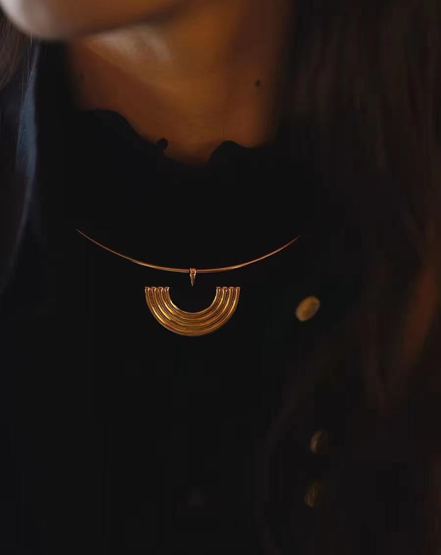 Gold Circle and Black Necklace and Earrings Set