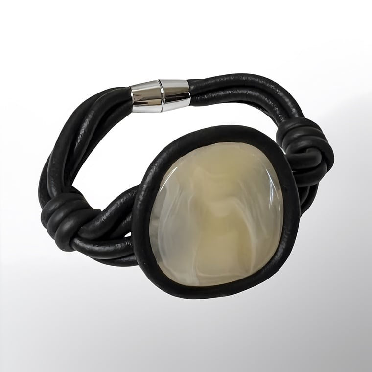 Black Imitation Leather Natural Stone Bracelet