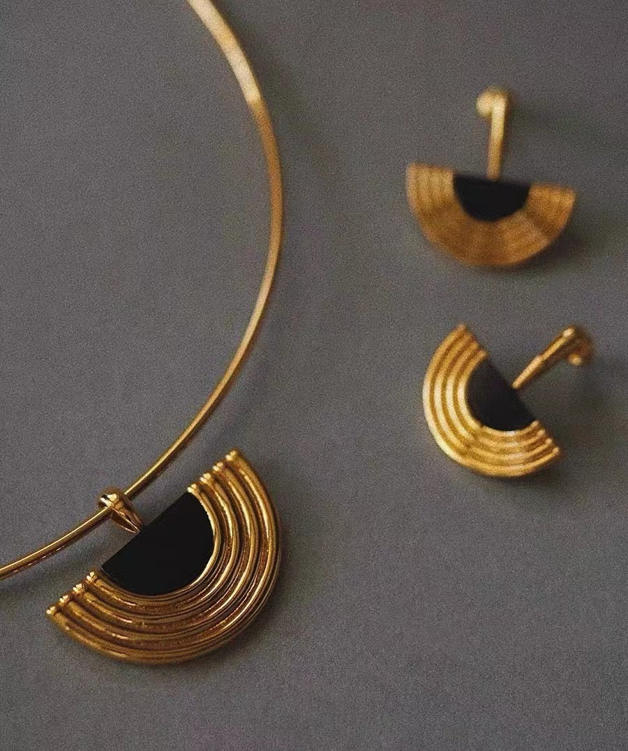 Gold Circle and Black Necklace and Earrings Set
