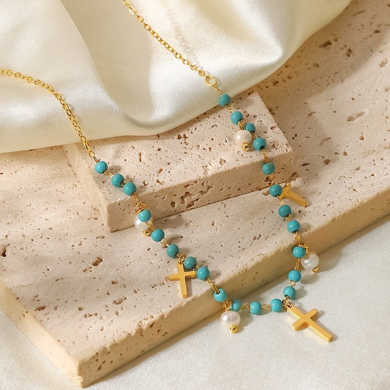 Gold Stainless Steel Cross Pearl Necklace