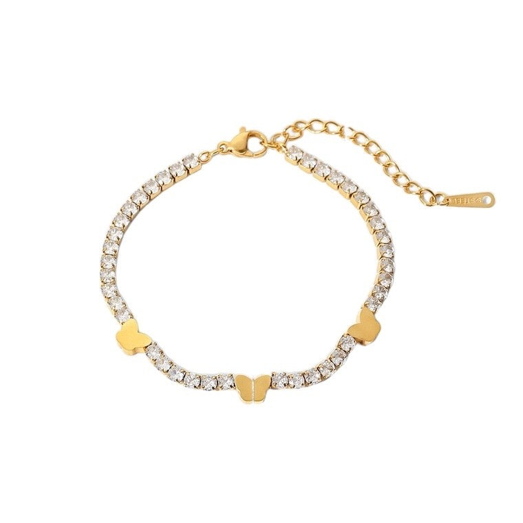 Gold Stainless Steel Rhinestone Butterfly Bracelet