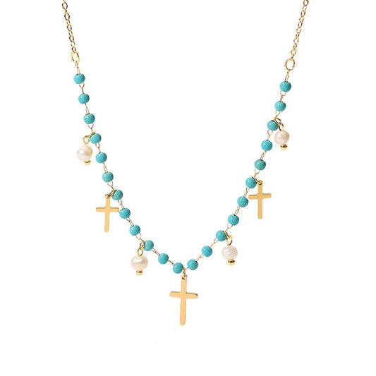 Gold Stainless Steel Cross Pearl Necklace