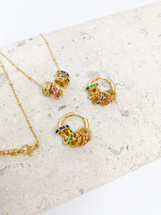 Gold Rainbow Rhinestone Necklace and Earrings Set
