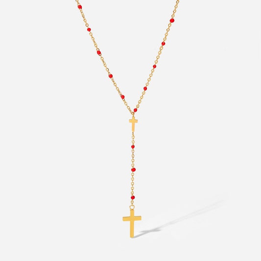 Gold Stainless Steel Cross Red Necklace