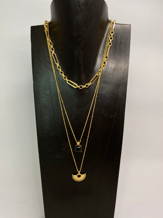 14K Gold Plated 3 Layers Black Necklace
