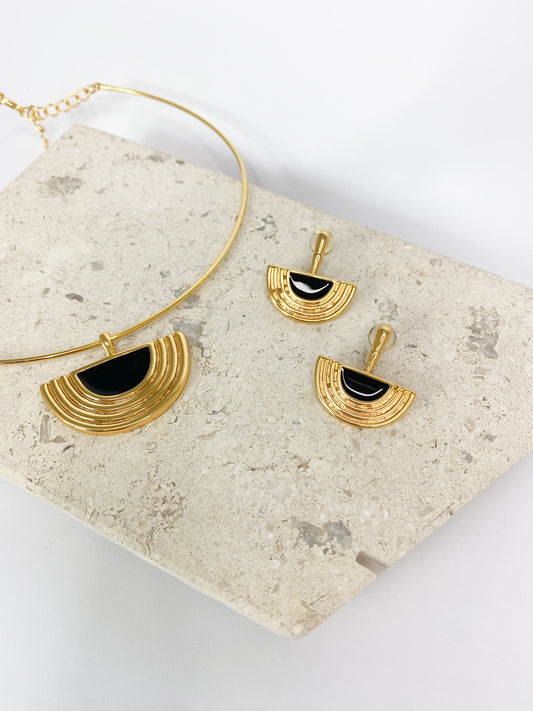 Gold Circle and Black Necklace and Earrings Set